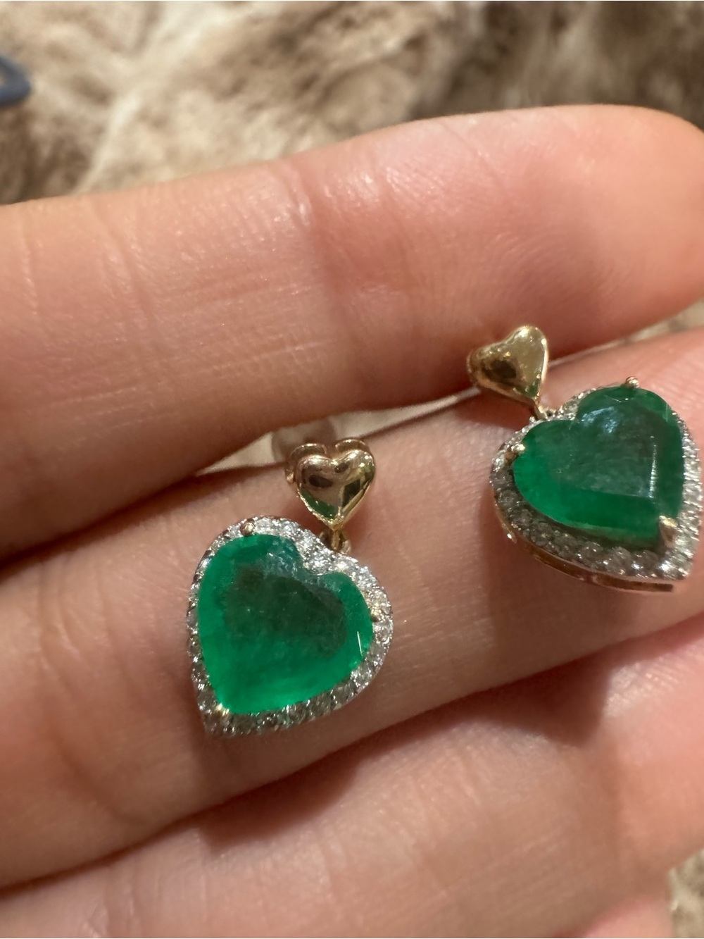 Certified Natural Emerald & Diamond Heart Earrings 14K YG | 2.56 CT Emeralds - Picture 4 of 16